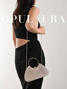OpulAura 女款金屬質感奢華晚宴手拿包，亮金色線條派對手提包，靜奢風亮片晚宴包，禮服搭配包，適合舞會、派對、婚禮、新娘、伴娘、生日禮服，手持晚宴手拿包 - 金色 - 查看 10