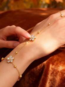 1pc Fashionable 18K Gold Plated Stainless Steel Flower Zirconia Knuckle Ring Bracelet, Waterproof And Fade-Resistant, Suitable For Women's Daily Wear, Gifts, Formal Events - Gold - View 7