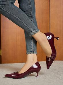 Women's Classic High Heel Pointed Toe Slip-On Spring/Autumn Shoes, PU Low Vamp Party/Wedding High Heel Pumps, Wine Red - Burgundy - View 3
