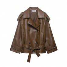 Women's Elegant Vintage Brown Patchwork Leather Waist Belt Motorcycle Jacket, Double-Breasted Lapel Casual Street Outerwear - Brown - View 9