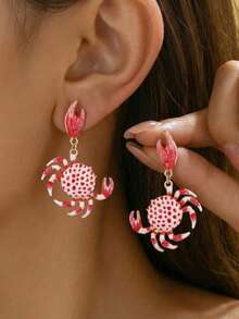 2件套度假风彩绘螃蟹耳环，适合女性海滩旅行佩戴 - 彩色 - 查看 4
