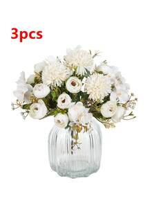 1束仿真丝质茶玫瑰和菊花花束，人造花卉植物，新娘捧花，婚礼装饰，DIY花环材料，新娘配饰，婚车装饰，拱门装饰，家居，餐厅，卧室花瓶装饰，生日派对装饰，新年礼物 - 白色 - 查看 9