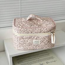 1pc Pink Floral Corduroy Makeup Bag, Multi-Functional Cosmetic Storage Pouch, Portable Makeup Organizer With Zipper, Suitable For Storing Cosmetics, Skincare, Lipstick, Makeup Brushes, Hand Cream, Earphones, Coins, Keys, For Home, Travel, Vacation And School Use - Nhiều màu - Xem 2