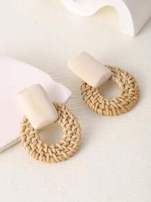 1pair Boho Rattan Geometric Design Earrings For Women For Daily Decoration - Coffee - 查看 3