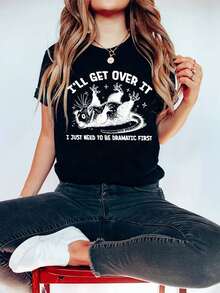Funny And Satirical Possum Print Casual Round Neck Short-Sleeved T-Shirt, Women's Summer Top. - màu đen - Xem 1
