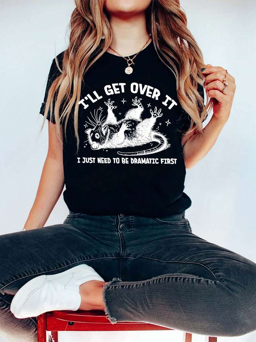 Funny And Satirical Possum Print Casual Round Neck Short-Sleeved T-Shirt, Women's Summer Top. - màu đen - Xem 1