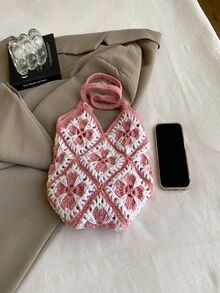 1pc Handmade Crochet Grandmother's Quilt Pattern Shoulder Tote Lunch Bag - Multicolor - View 7