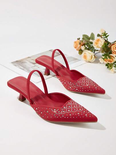 女士水钻装饰小猫跟尖头纯色布面套脚凉鞋，时尚优雅派对及正式场合低跟鞋