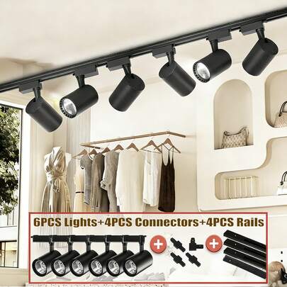 CANMEIJIA 6pcs COB Track Light Set Includes Track And Accessories, LED Track Light, Modern Recessed Light Spotlight, Plastic Aluminum Alloy, 12W/20W/30W/40W, 4 Color Temperatures Available: 6500K White Light/4000K Neutral Light/3000K Warm Light/RGB, Professional Commercial Lighting Fixture, Suitable For Bedroom, Living Room, Kitchen, Clothing Store, Mall