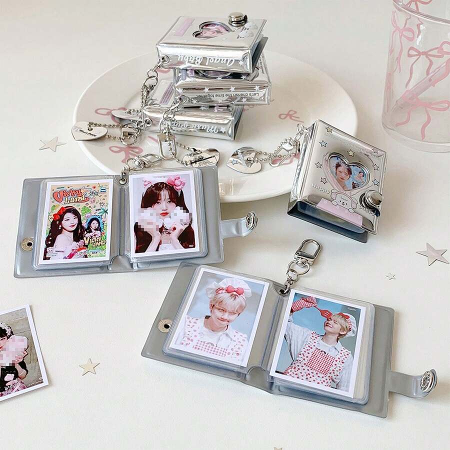 Mini Silver Photo Album, Photo Storage Bag, Album, Minimalist Cartoon Star & Heart Hollow Photo Album, Celebrity Fan Cards And Sticker Collection Album, Portable And Easy To Carry - Silver - View 1