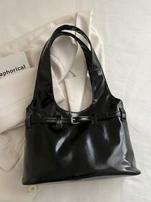 1pc Black Spring New Fashion Strap Decor Large Capacity Solid Color PU Tote Bag, Women Shoulder Bag - Black - View 3