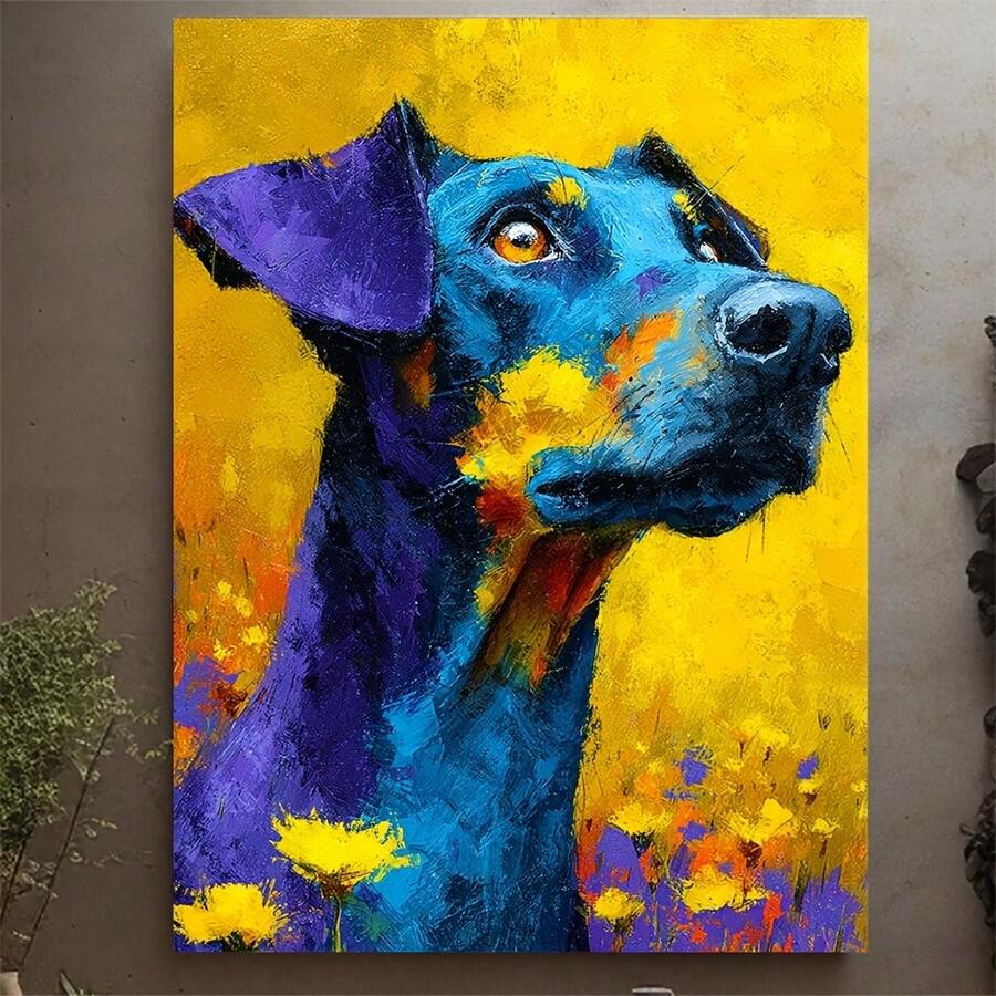 Lienzo plano 2D, 2D plano, 2D plano de 1 pieza de 30.48X40.64 cm con un Doberman en un campo de flores, enmarcado y perfecto como regalo para entusiastas de los Doberman. Este colorido retrato de un perro es una excelente adición a la arte de mascotas - Sin marco - Ver 1