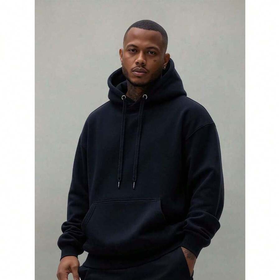 Plain Kangaroo Hoodie For Men And Women, Cotton Sweatshirt For Winter. - 黑色 - 查看 1