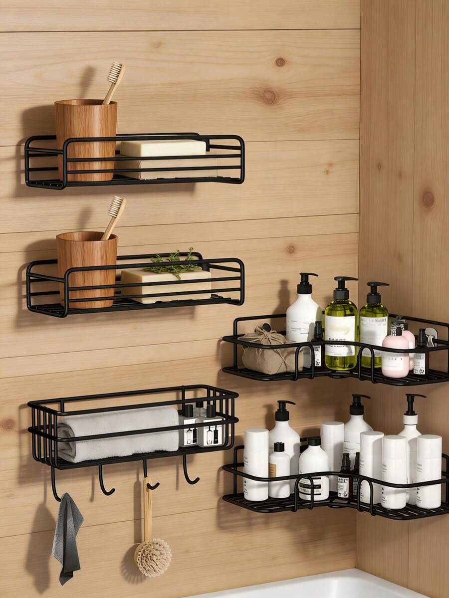 Estante de almacenamiento de pared sin taladro, multifuncional, de hierro con forma triangular y rectangular, organizador de baño