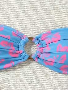 Women's Fashionable Sexy Beach Vacation Floral Print Ruched Bust Decor Bandeau Bikini Set - Multicolor - View 4