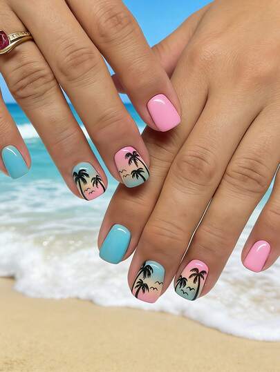 Agrega un toque de romance con 96 piezas de uñas postizas de corta duración con estilo de puesta de sol de la isla de mezcla de degradado de árbol de coco de playa de verano para mujeres y niñas. Incluye 4 hojas de pegatinas adhesivas y 4 limas mini. Adecuado para uso diario en la oficina y verano. Se envía aleatoriamente con pegamento de gelatina.
