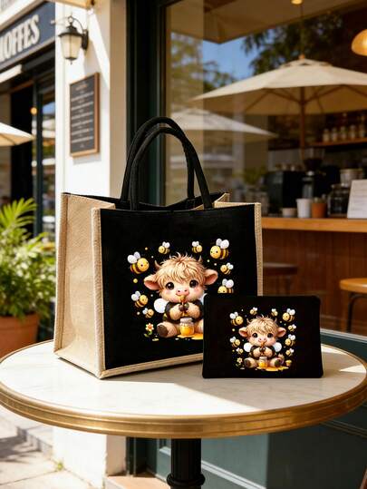 Cute Highland Cow Bee Theme Handbag Set,Highland Cow Printed Black Linen Handbag,Cute Bee Design Highland Cow Pattern, Large Capacity Cosmetic Bag With Hand Rope,Christmas Gift, Black Linen Coin Purse, Black Block Shopping Bag,Cosmetic Bag, Featuring Artistic Letter And Pattern Print Design For Women,Everyday Use As A Convenient Shopping Bag.For Travel, Mother'S Day, Teacher, Nurse, Wedding Gift.