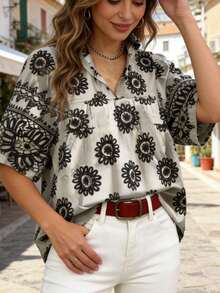 Women's Loose Fit Sunflower Print Petal Sleeve Blouse, Spring/Summer Vacation - Black and White - View 7
