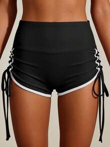 Soyun 1 paire de nouveaux shorts de sport pour femmes avec cordon de serrage latéral et froncé, avec design bicolore, respirant et absorbant l'humidité pour un confort quotidien lors de la pratique du fitness, de la course, de l'exercice, de la randonnée et d'autres activités sportives - Noir - Voir 9