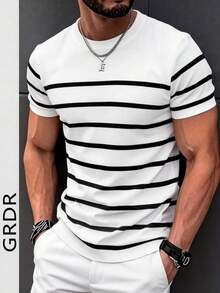 GRDR 男士夏季针织条纹短袖衬衫，适合夏季度假和休闲穿着 - 白色 - 查看 1