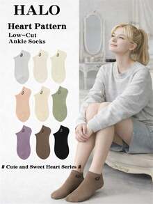 1/10 Pairs Random Women's Candy Color Heart Striped Cotton Breathable Shallow Boat Socks, Versatile For Daily Wear And Commuting, Spring/Summer - Multicolor - View 1