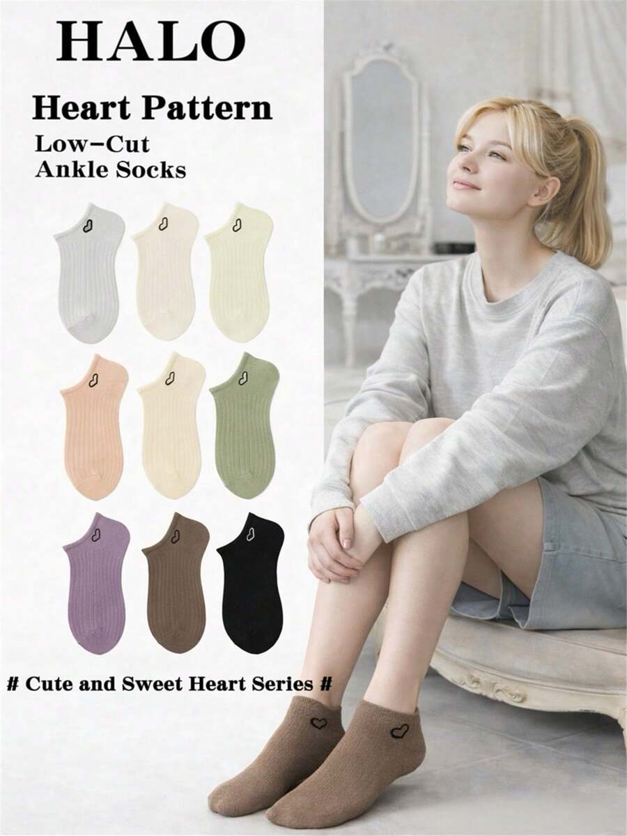 1/10 Pairs Random Women's Candy Color Heart Striped Cotton Breathable Shallow Boat Socks, Versatile For Daily Wear And Commuting, Spring/Summer - Multicolor - View 1
