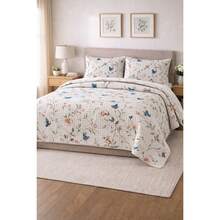 Queen Size Bedspread Set, 3 Pieces, Essencialle Cotton, 160 Thread Count, Various Colors, Blue Butterflies - BRANCHES - View 3