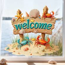 Hình dán cửa sổ chủ đề bãi biển mùa hè với chữ "Chào mừng". Có hình ảnh cua, do The Seaside Wall Sticker thiết kế. Một hình dán cửa sổ tự dính sáng tạo dành cho cửa sổ, cửa ra vào, phòng khách, phòng ngủ, phòng ăn, phòng học, phòng tắm, trang trí và làm đẹp kính. - A - Xem 6
