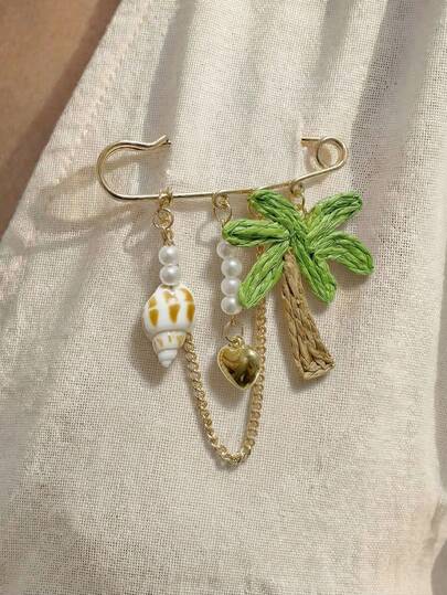 1件沙滩风拉菲草棕榈树和贝壳吊坠胸针，百搭波西米亚风翻领别针，女士可佩戴在帽子、裤子等处。