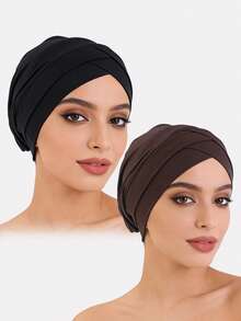 1顶/2顶女士交叉弹力针织帽，可作内搭帽、头巾帽，适合日常佩戴 - 彩色 - 查看 25