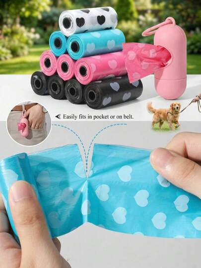 Pacote com 212 saquinhos para recolher fezes de cachorro com estampa de coração e dispensador. Rolos de sacos à prova de vazamentos, ideais para limpeza portátil de jardins e áreas externas. Perfeitos para guardar seus pertences em um bolso e organizar seus produtos de jardinagem.
