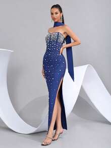 Elegant Pearl Decor Side Slit Strapless Bridesmaid Dress, Holiday Party Bandage Dress - Royal Blue - View 7