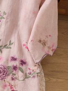 Áo kiểu nữ bằng vải lanh thêu họa tiết hoa phong cách bohemian cổ điển, tay lỡ 3/4, dáng rộng, thoải mái, thích hợp cho mùa hè. - hoa hồng màu hồng - Xem 7