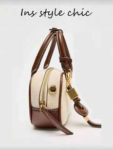 Bolso de mano de lona marrón con patchwork, bolso de hombro y bolso cruzado, con correa de hombro ajustable y desmontable, cremallera de moda, diseño elegante, ideal para el desplazamiento diario, compras, viajes y diversas ocasiones, combinando moda y practicidad, nuevo para primavera/verano 2026 - Ver 5