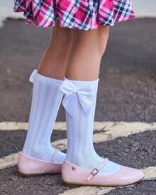 Set Of 4 Pairs Of Children's 3/4 Party Socks Sizes 16-33 With Satin Bow, Long Length, For Girls, Christenings, Weddings, Flower Girls, Social Events, Dances, Elegant, Schoolgirls - 白色,黑色,粉紅色和灰色 - 查看 2