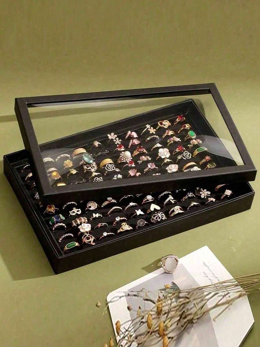 1pc 100-Slot Jewelry Ring Display Box, Large Capacity Storage Box, Tray-Style Earring Storage Display Box, Dust-Proof Transparent Storage Box With Transparent Lid, Suitable For Studs, Earrings And Multiple Rings, Ideal For Drawer Storage And Display - Multicolor - View 1