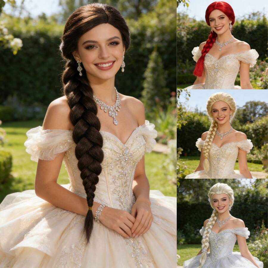Princess-Style Multi-Color Long Thick Braid Wig, Retro Court Braided Design, High Crown For A Stylish Vibe, Breathable Wig Cap For Comfortable Wearing. Full Head Wig Suitable For Wedding Photoshoots, Cosplay, Parties, Balls, Halloween, K-POP, Y2K And Stage Performances. - Multicolor - View 1