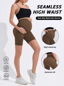 Maternity Seamless Solid Color High Waist Ribbed Waistband Non-Slip Leggings, Basic Fitted Sports Shorts Summer - Rust Brown - View 2