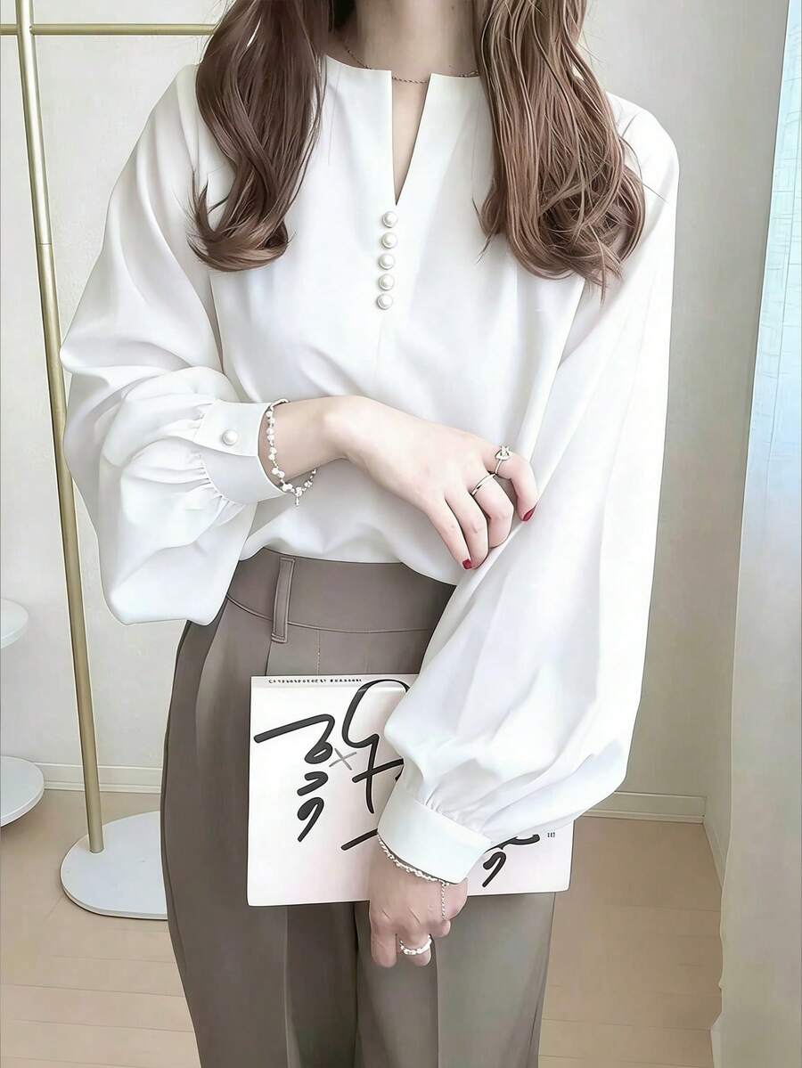 纯色前开襟衬衫，休闲长袖女式衬衫，春秋季款，珍珠纽扣 白色 - 白色 - 查看 1