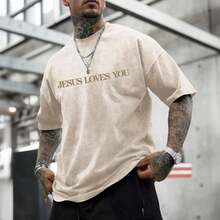 [100% Cotton]  Christian Jesus Loves You Shirts For Men Religious Oversized  Jesus Faith Acid Wash T Shirt God Top- Unisex Women's & Men's Campus Daily Wear - 杏色 - 查看 3