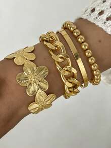 6pcs/Set Fashionable Minimalist Elegant Delicate Retro Floral Geometric Bead Chain Cuff Bracelet Set, Versatile For Holiday, Party, Daily Wear, Gift - Yellow Gold - View 1