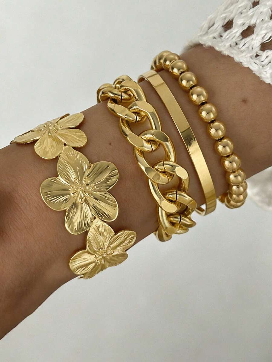 6pcs/Set Fashionable Minimalist Elegant Delicate Retro Floral Geometric Bead Chain Cuff Bracelet Set, Versatile For Holiday, Party, Daily Wear, Gift - Yellow Gold - View 1