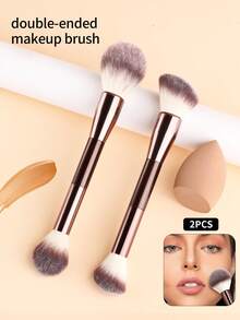 2-In-1 Dual-Ended Makeup Brush Set - Face Powder/Blush Brush + Eyeshadow Brush, Includes Slanted Water Drop Makeup Sponge, Cosmetic Tool Kit - Multicolor - View 5