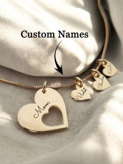 1 pieza Collar con colgante de corazón personalizado con el nombre de mamá, collar con colgante de corazón grabado personalizado de acero inoxidable, joyería de acero inoxidable, collar con colgante de corazón personalizado con múltiples nombres, collar de mujer, joyería de verano, Día de la Madre, San Valentín, cumpleaños, aniversario, graduación, regalo familiar