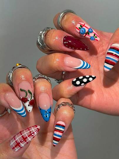 24-Piece Retro Color Blocked Almond Press On Nails Acrylic Design Incorporating Elements Such As Polka Dots, Stripes, 3D Cherries, And Blueberries. The Red, Blue, And White Color Blocking, Combined With Retro Plaid Patterns, Creates A Unique And French Tip Fake Nails That Effectively Lengthens Finger Lines And Highlights The Slender Beauty Of The Hands.
