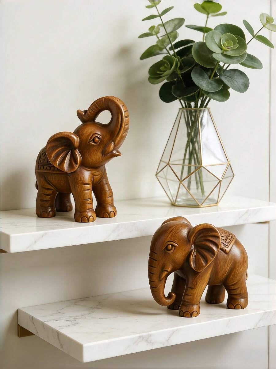 1 pieza/2 piezas Figura de elefante de madera hecha a mano, escultura decorativa de animal con textura de resina, figura de elefante de estilo vintage, adecuada para colocar en la sala de estar, dormitorio o mesa de centro. - Elefante de madera - Ver 1