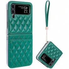VIETAO Funda protectora de cuero para teléfono móvil compatible con Samsung Galaxy Z Flip 4 5 6 7, con correa de mano, ranura para tarjetas y diseño de patrón de argyle - Verde - Ver 10