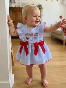 Baby Girl 4th Of July Outfit American Flag Bubble Romper Short Sleeve Patriotic  Fourth Of July Outfit Baby Girl 4th Of July Outfits Newborn Smocked Bubble Romper Bodysuit Ruffle American Flag Memorial Day Outfit - Màu xanh lam - Xem 2