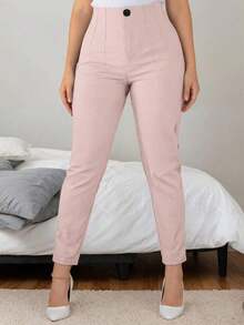 Women's Solid Color Slim Fit Casual Commuter Pants, Medium Stretch Polyester Fabric Pink Spring - 紫色 - 查看 12