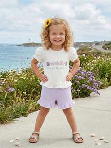 Toddler Baby Girl Summer Outfits Letter Crab Starfish Shell Embroidery Short Sleeve Tops Elastic Waist Shorts 2Pcs Clothes Set - 紫色 - 查看 2